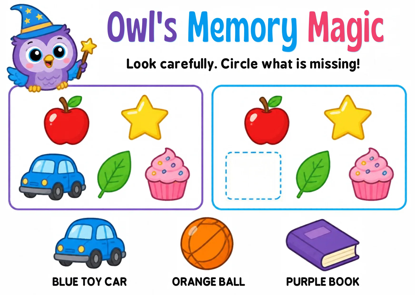 Two panels: the first with an apple, star, blue car, leaf and cupcake; the copy with the car missing, and three choice cards below.