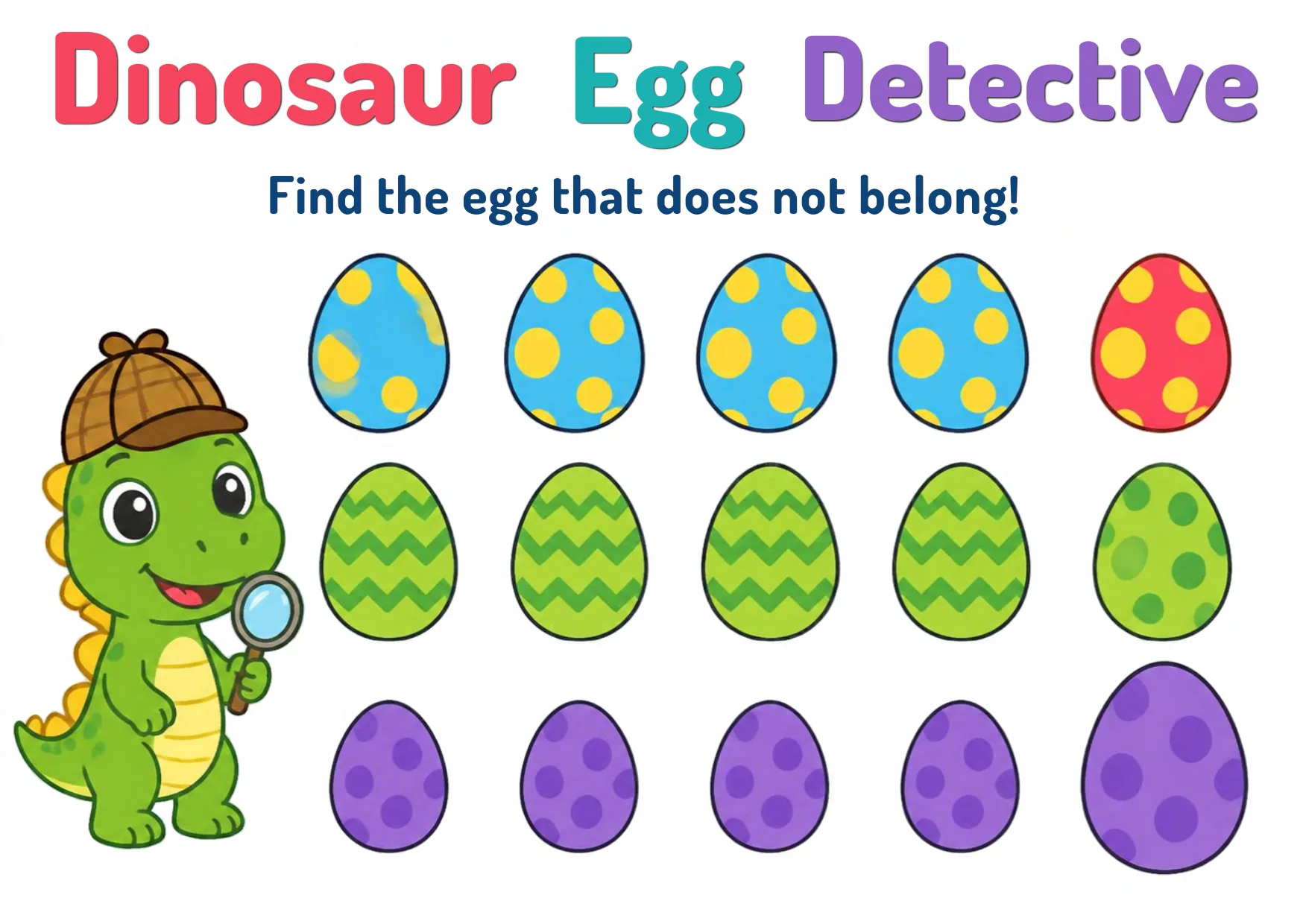 Rows of blue spotted eggs with one red egg, green zigzag eggs with one dotted egg, and purple eggs with one giant egg.