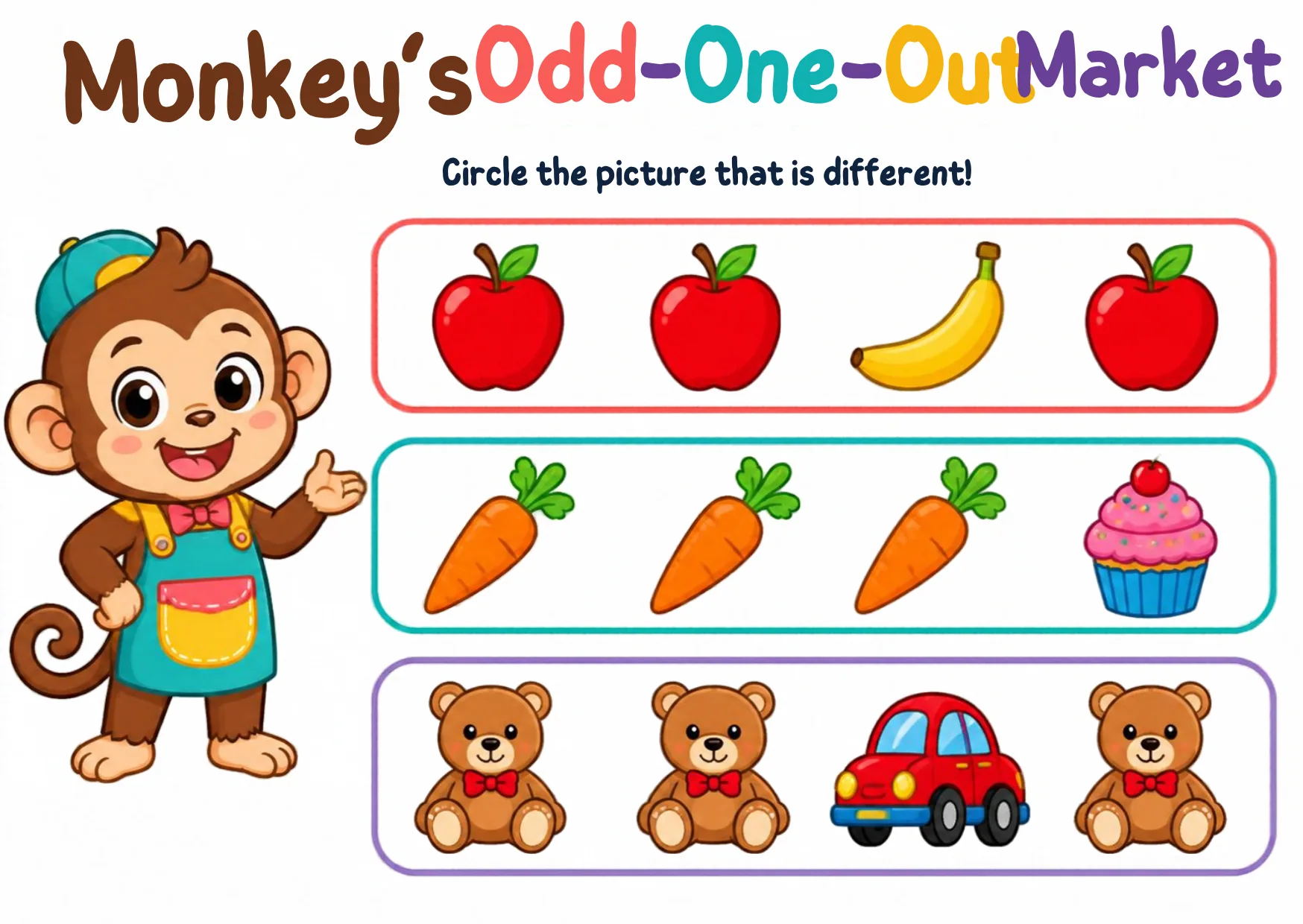 Monkey beside three rows: apples with a banana, carrots with a cupcake, teddy bears with a red car.