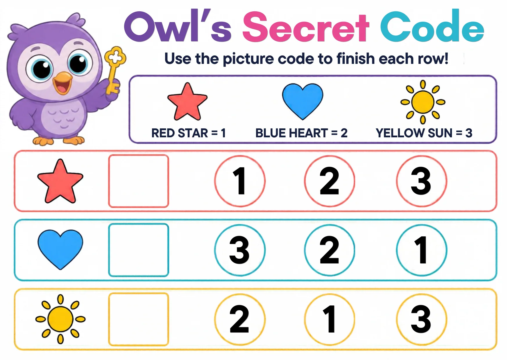 Owl with a code key — red star equals one, blue heart equals two, yellow sun equals three — and three rows waiting for the right number.
