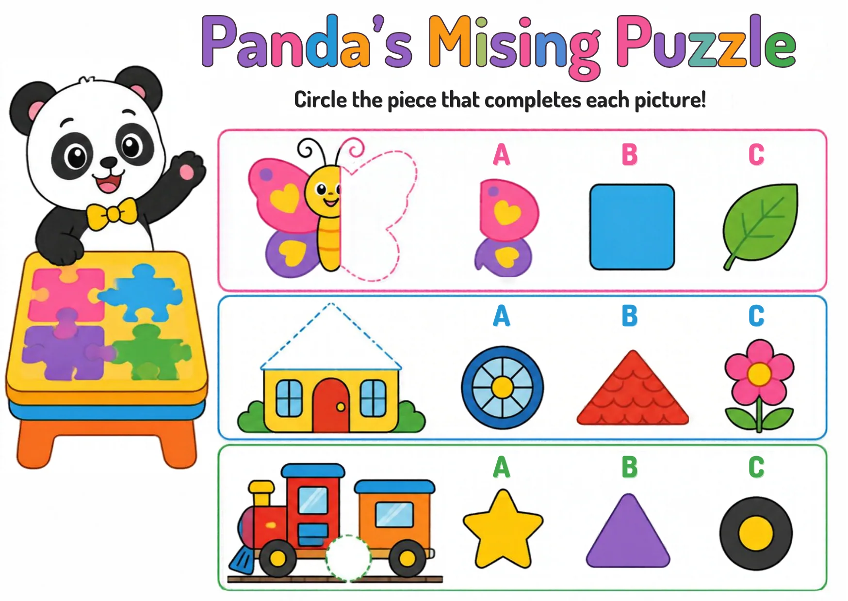 A butterfly missing its right wing, a house missing its roof and a train missing a wheel, each with three piece choices.
