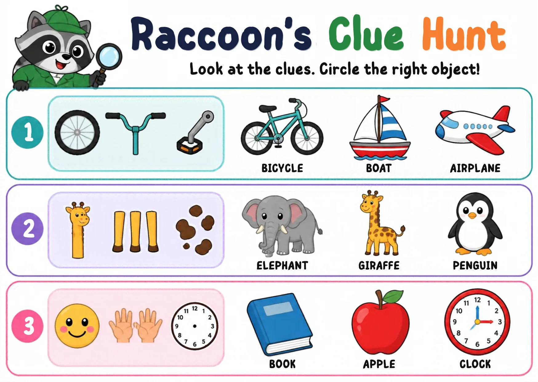 Three clue boxes — bike parts, giraffe neck and legs, a face and hands and clock — with three object cards each.