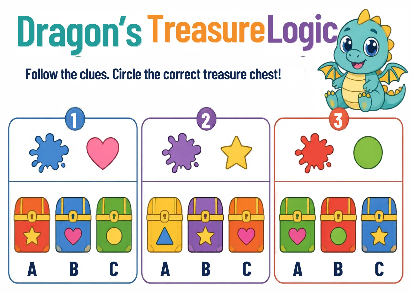 Three clue cards — each a colored splash plus a shape — above three rows of three treasure chests.