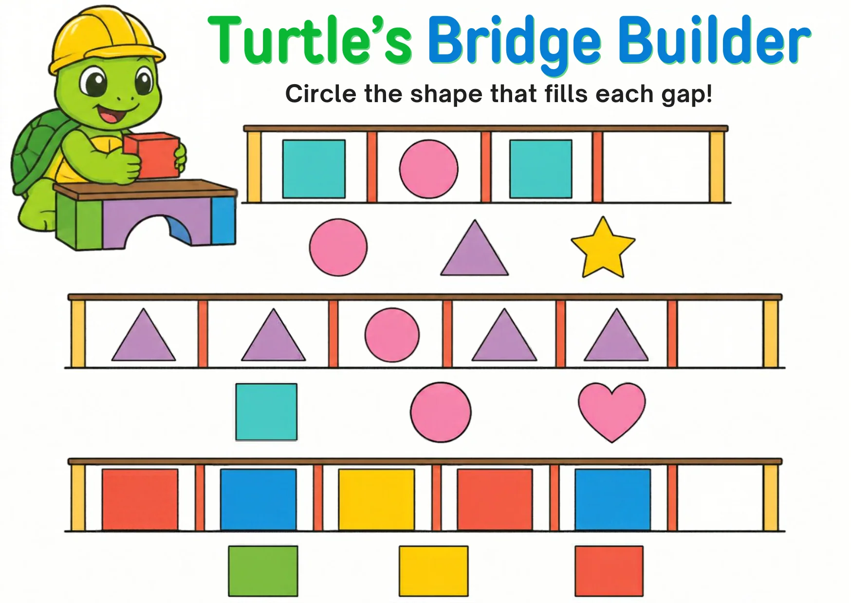 Three bridges with shape patterns and gaps, each with three shape choices below.