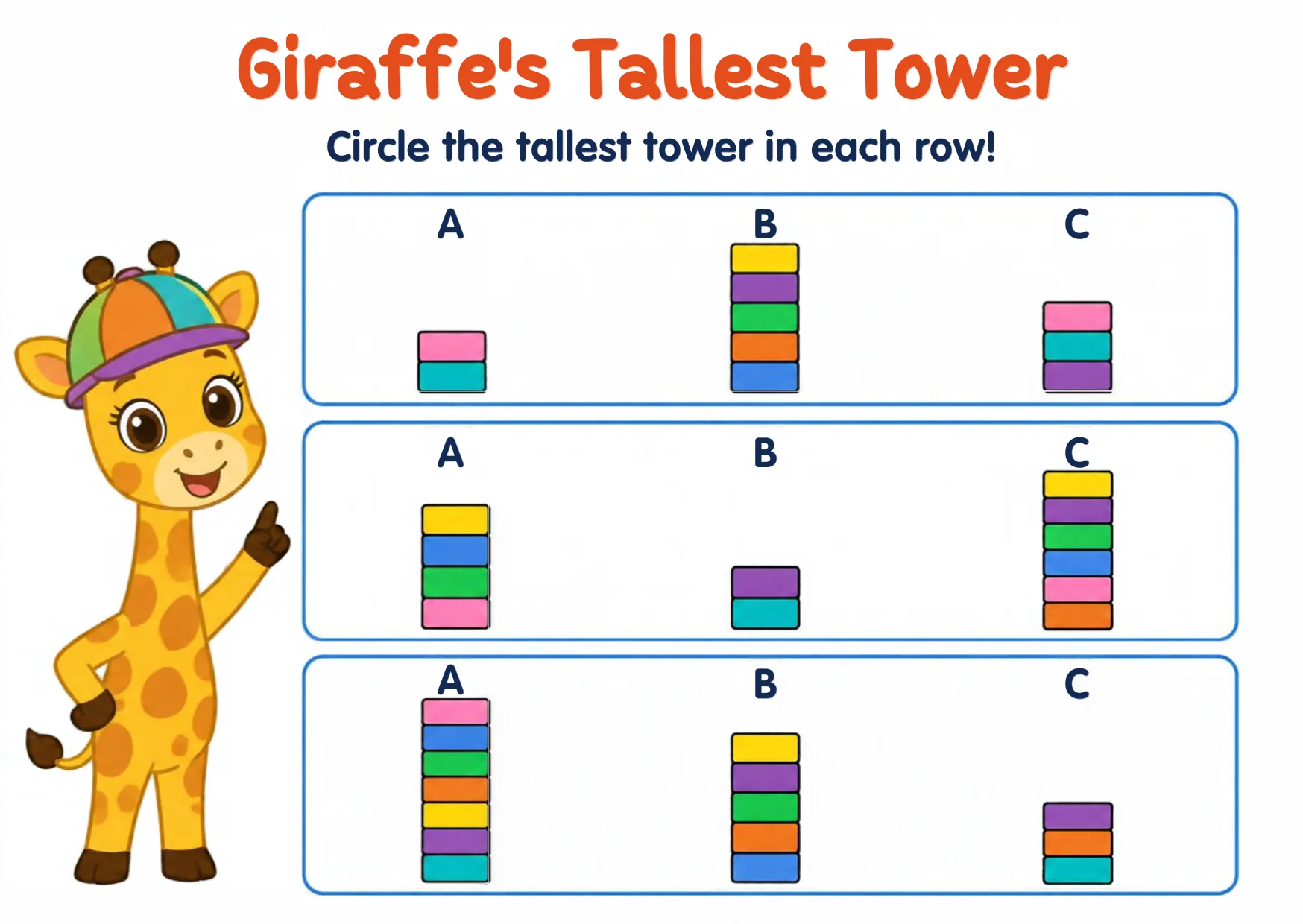 Three rows of three block towers, each row with one clearly tallest tower.