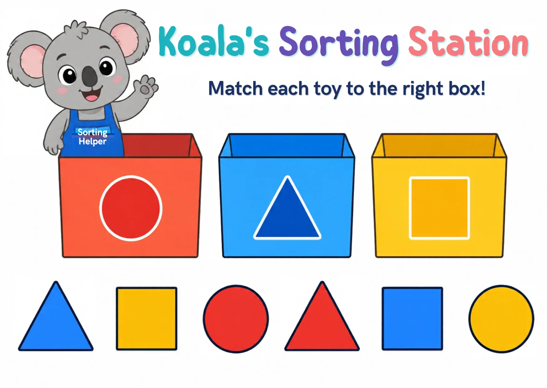 Three shape boxes — red circle, blue triangle, yellow square — and six toys: blue triangle, yellow square, red circle, red triangle, blue square, yellow circle.