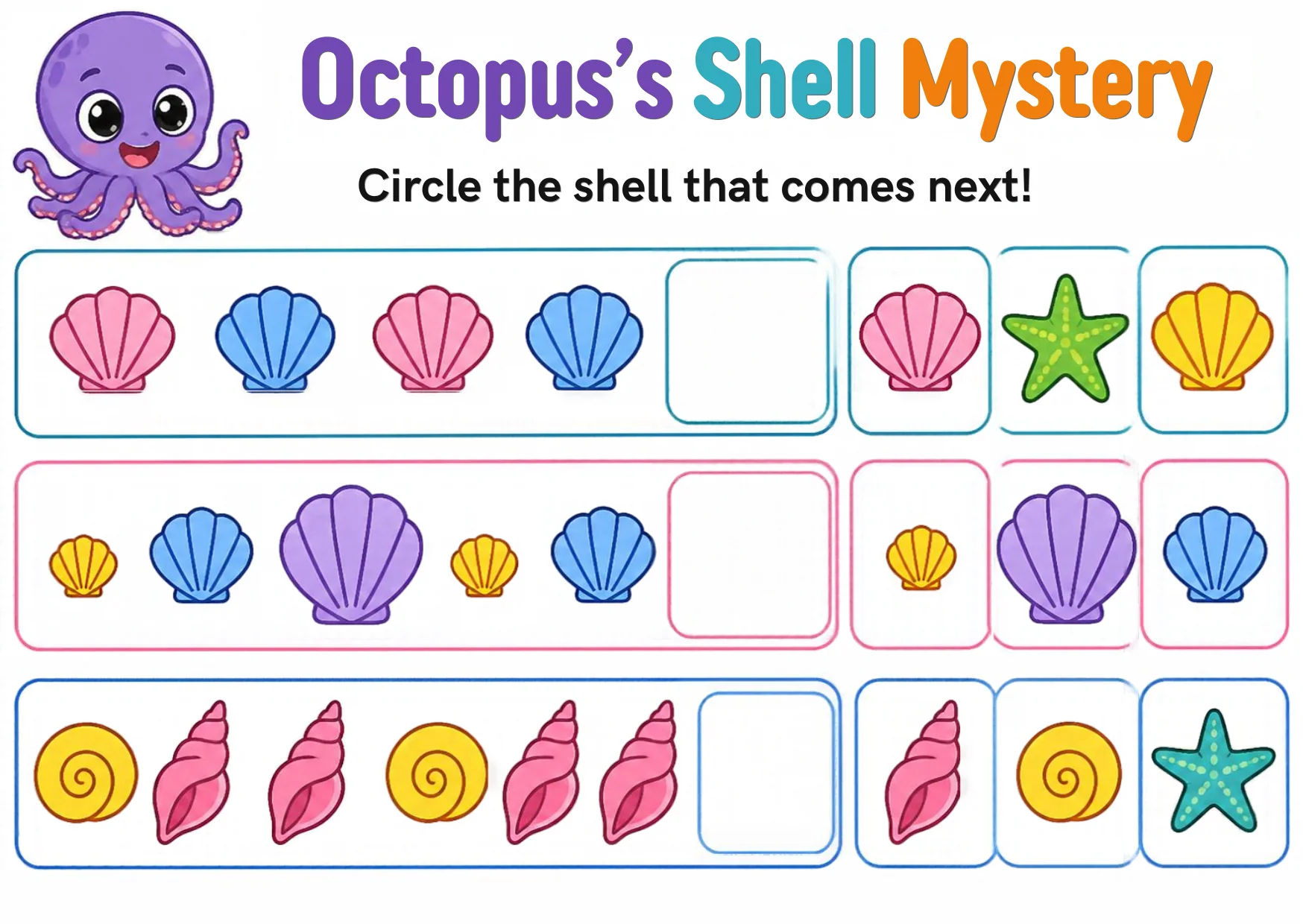 The octopus beside three shell pattern rows, each with an empty box and three choice shells.