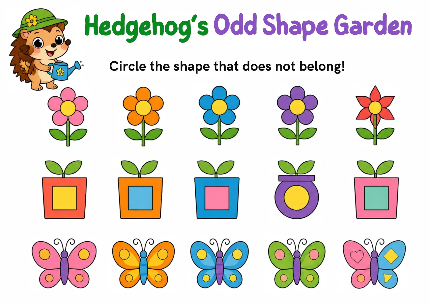 Rows of five: round-petal flowers with one pointed red flower, square pots with one round pot, and butterflies with one mixed-shape butterfly.