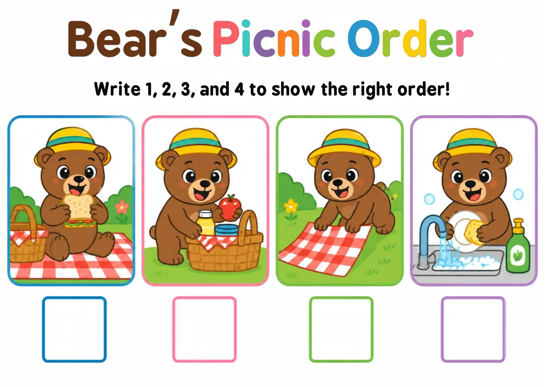Four picnic panels — Bear eating a sandwich, Bear carrying the picnic basket, Bear crawling on the blanket, Bear washing the plate — with number boxes below.