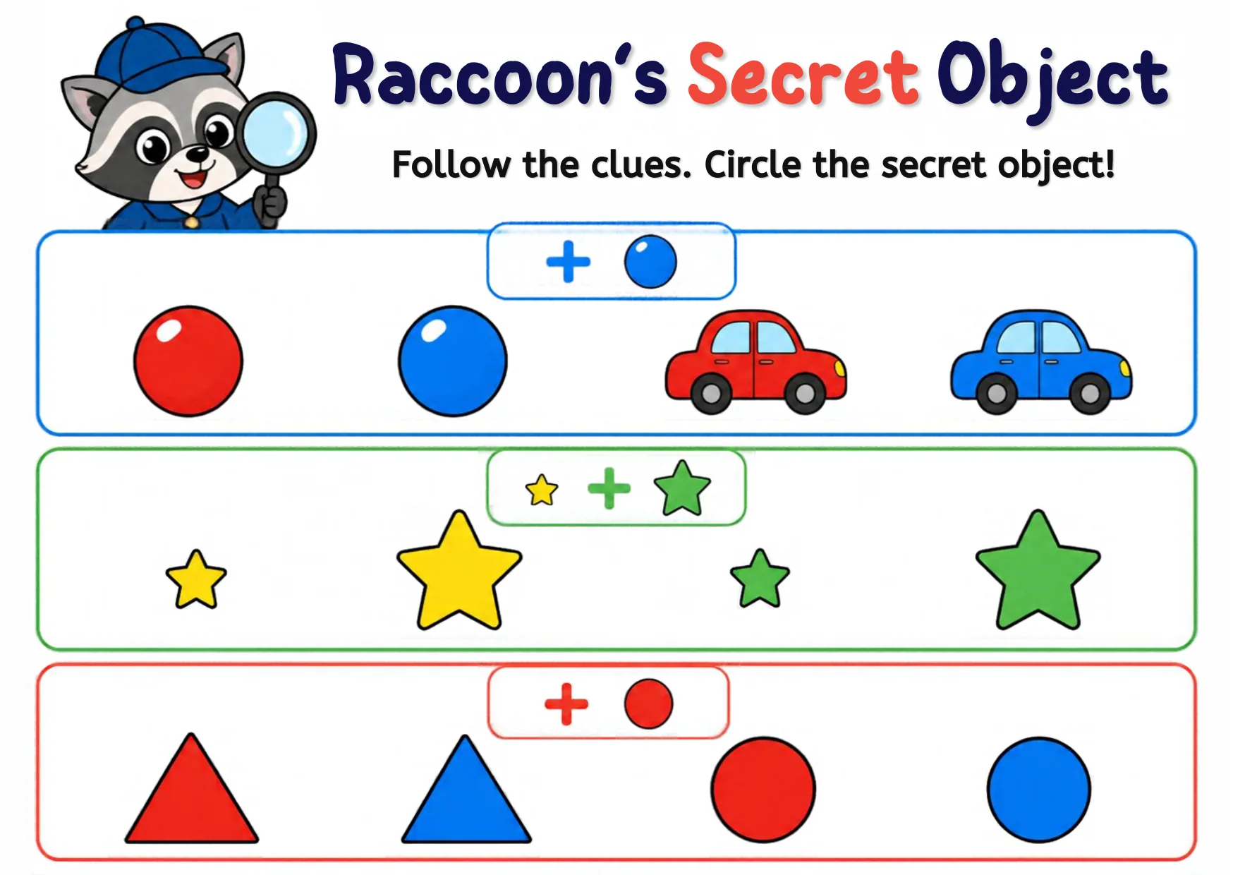 Three clue rows — color plus shape — each above four objects: red ball, blue ball, red car, blue car; small and big yellow and green stars; red and blue triangles and circles.
