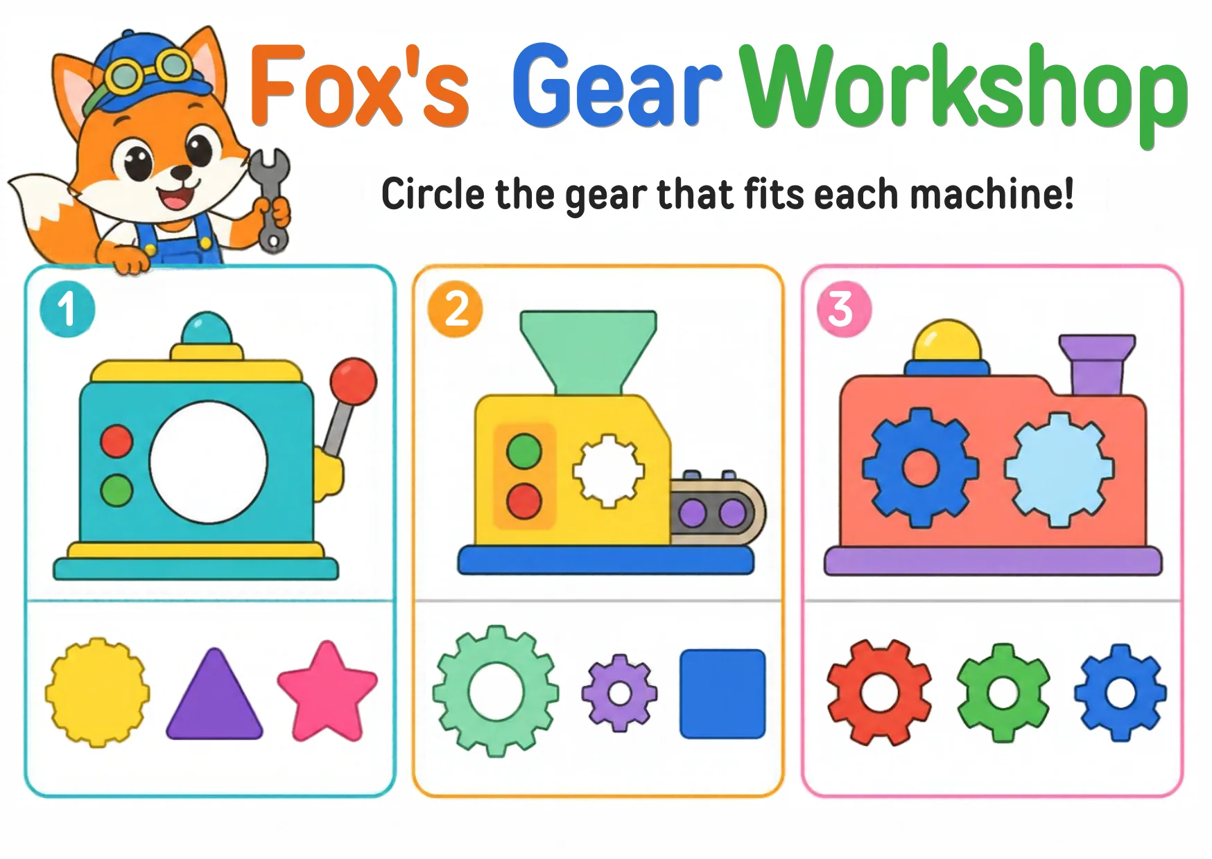 Three machines with empty spots — a round hole, a large gear-shaped hole and a light-blue gear hole — each above three pieces to choose from.