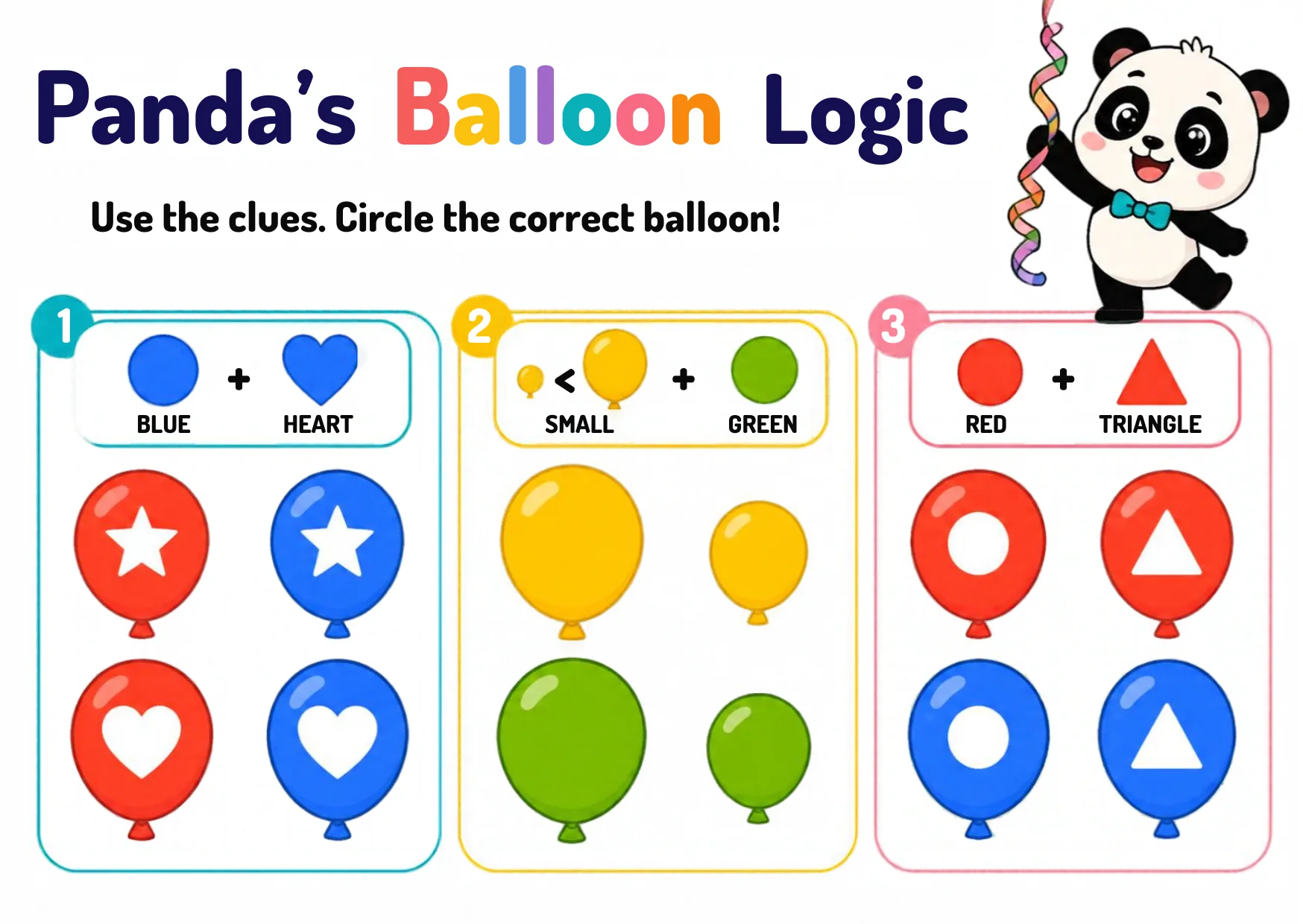 Three clue cards above groups of four balloons: red and blue with stars and hearts; big and small yellow and green; red and blue with circles and triangles.