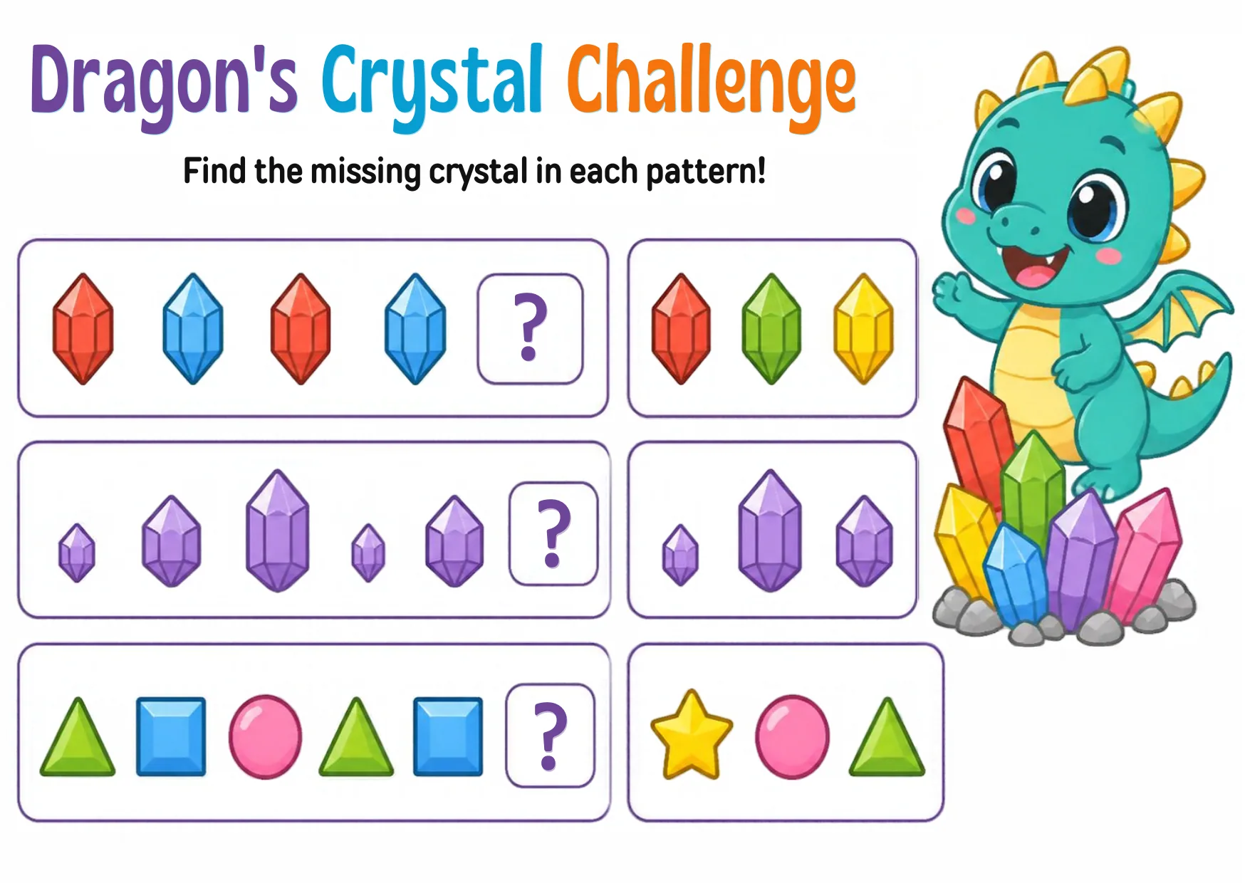 Dragon beside three crystal pattern rows, each ending in a question mark, with choice crystals.