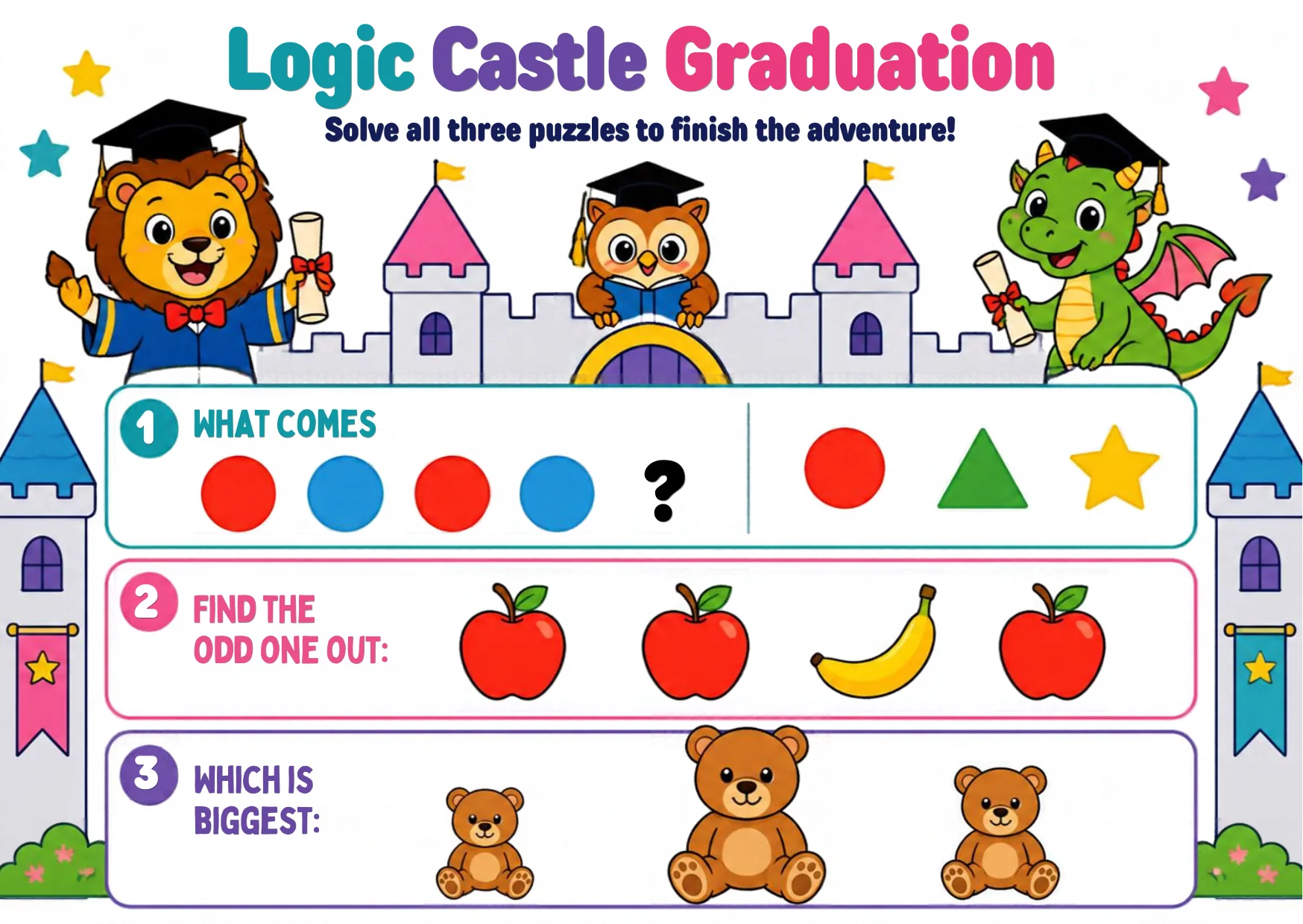 The graduation castle with three puzzle rows: a red-blue dot pattern with choices, an odd-one-out fruit row, and three teddy bears of different sizes.