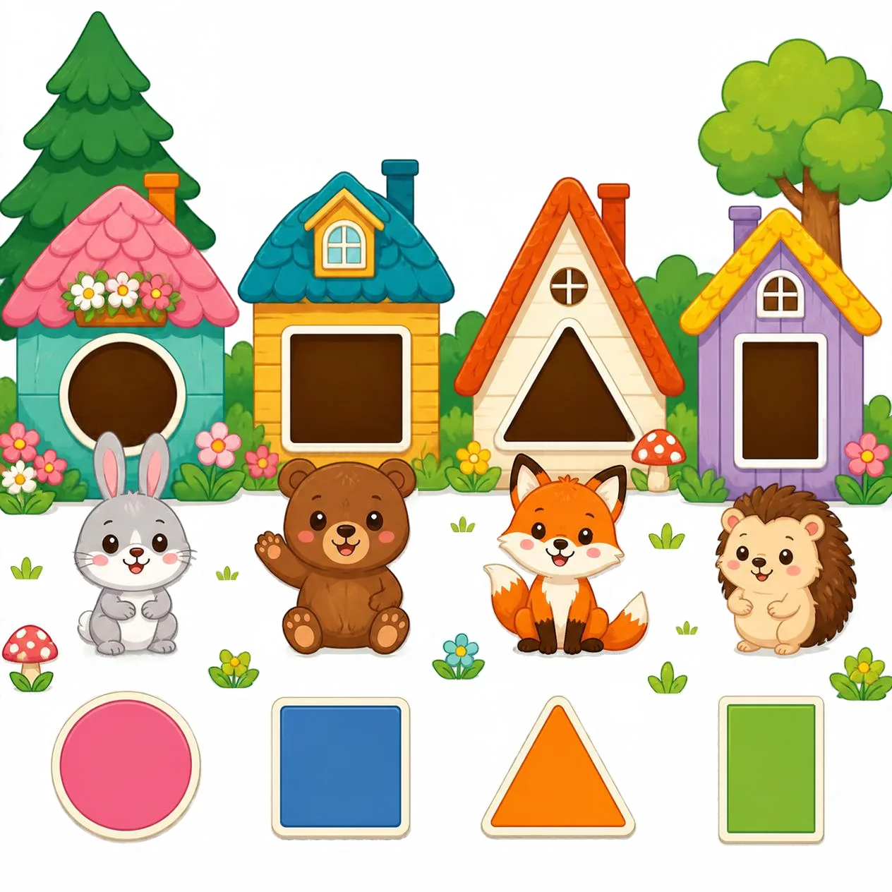 Four little animal houses with an arch, square, triangle and rectangle door waiting to be matched.