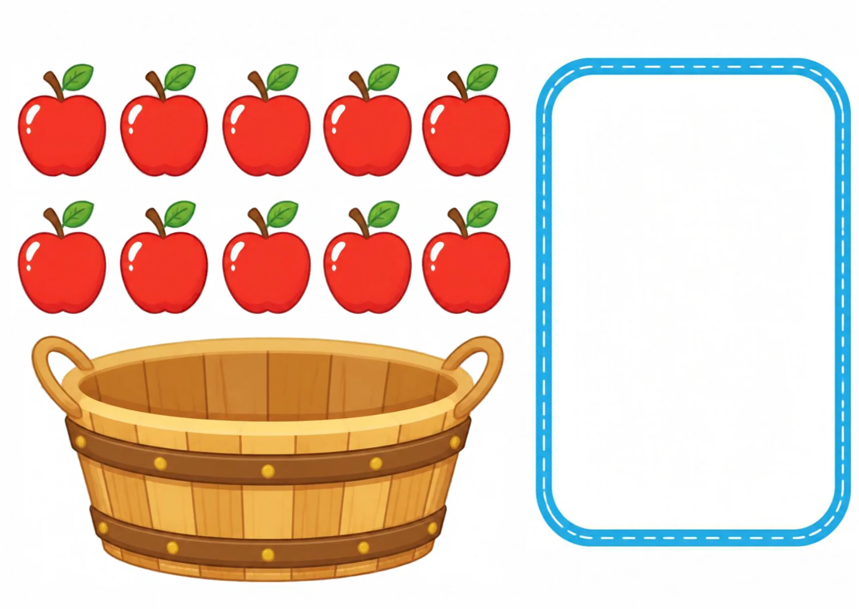 Ten red apples in two rows above an empty wooden basket, beside a big blue answer frame.