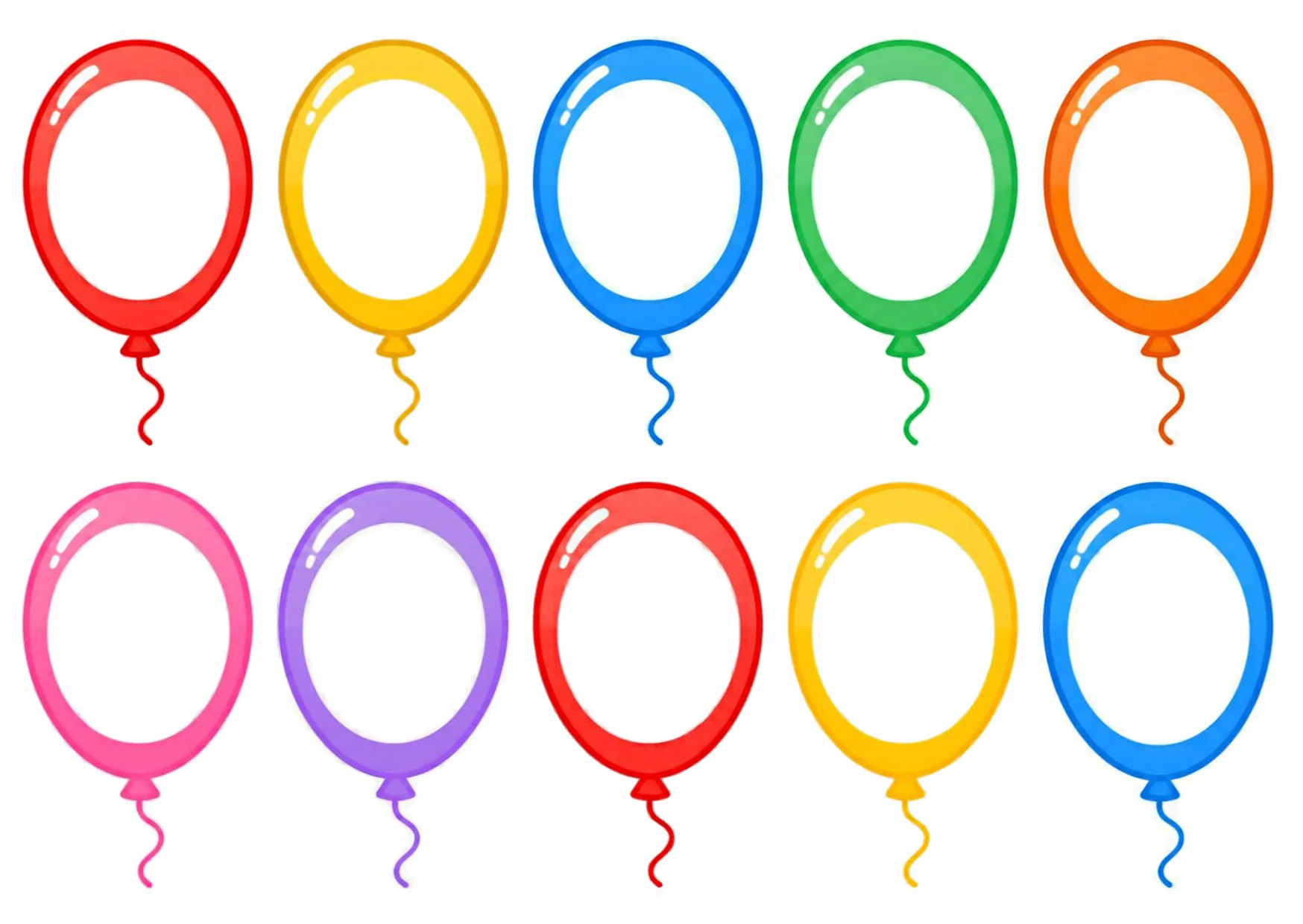 Ten colorful balloons with empty centres, arranged in two rows of five.