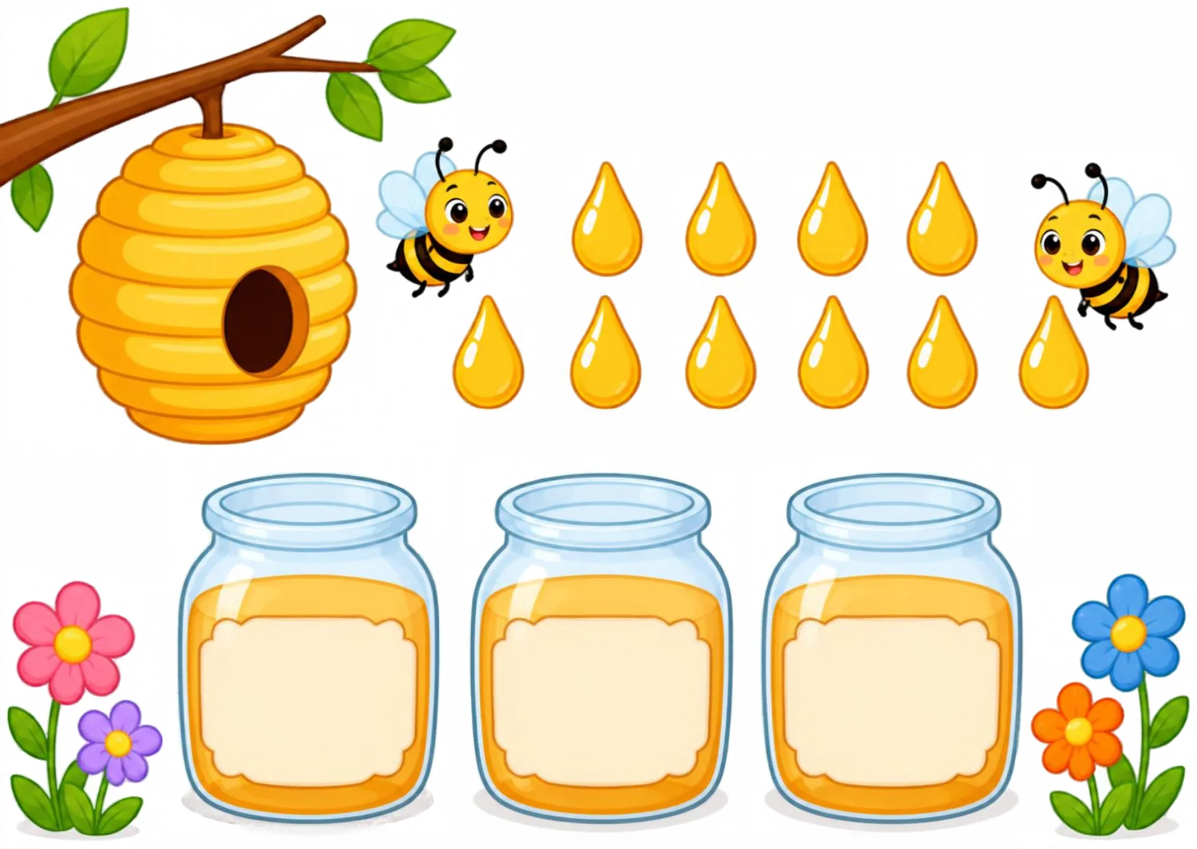 A beehive on a branch with two bees, ten golden honey drops, and three empty honey jars with blank labels among flowers.