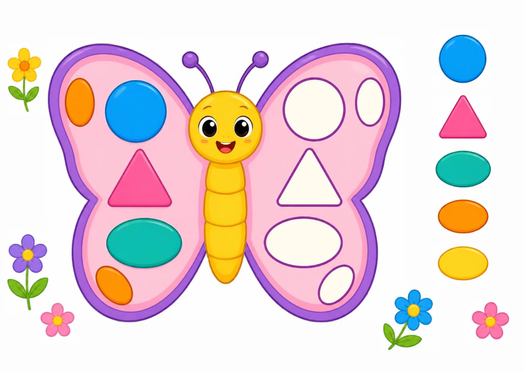 A pink butterfly whose left wing carries colored shapes and whose right wing has the same shapes as empty outlines, with five color pots beside it.