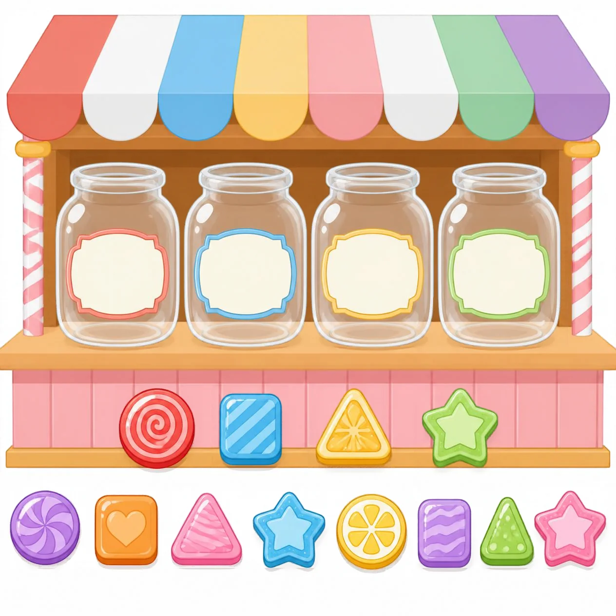 A candy shop with three glass jars waiting for round, star and triangle candies.