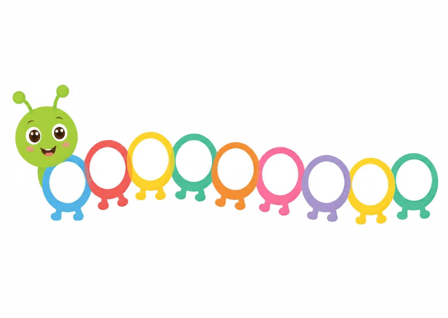 A smiling green caterpillar head followed by nine empty colored body circles, waiting for numbers.