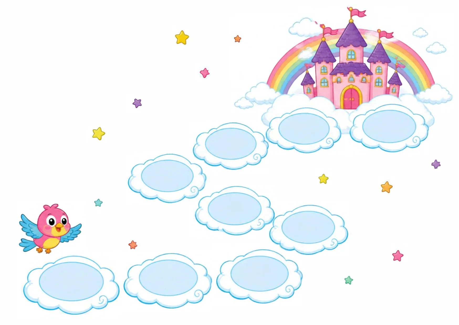 A little bird at the start of a winding path of ten empty cloud stepping stones leading up to a pink castle under a rainbow.