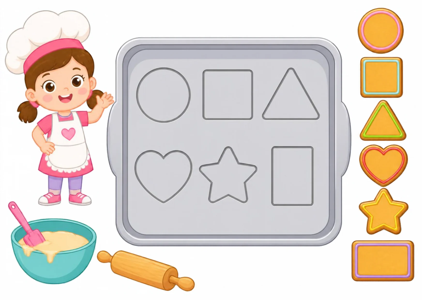 A baking tray with six shape outlines waiting for circle, square, triangle, heart, star and rectangle cookies.