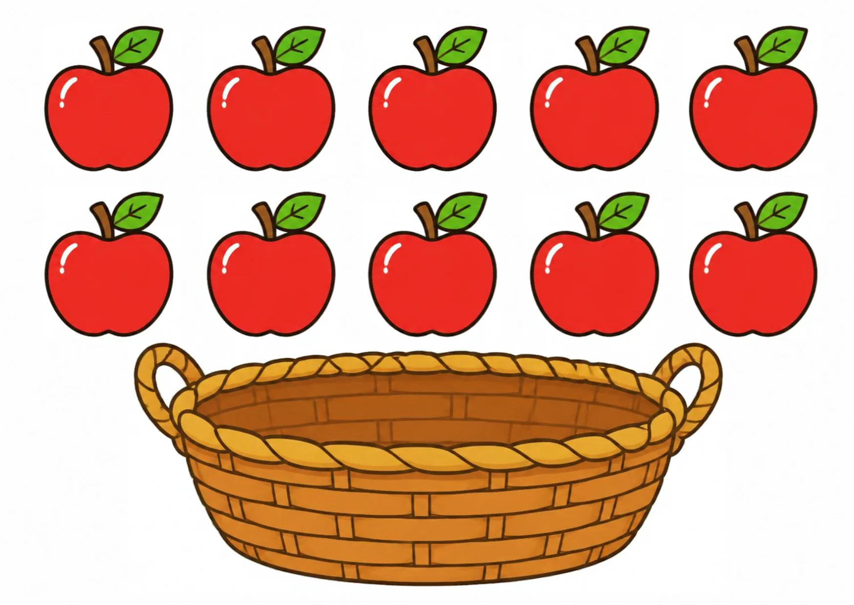 Ten red apples arranged above an empty woven basket.