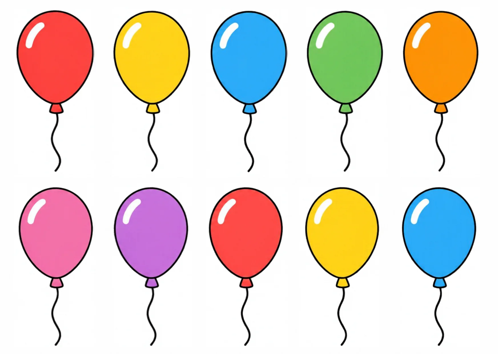 Ten colorful balloons in two rows of five: red, yellow, blue, green, orange, pink, purple, red, yellow and blue.