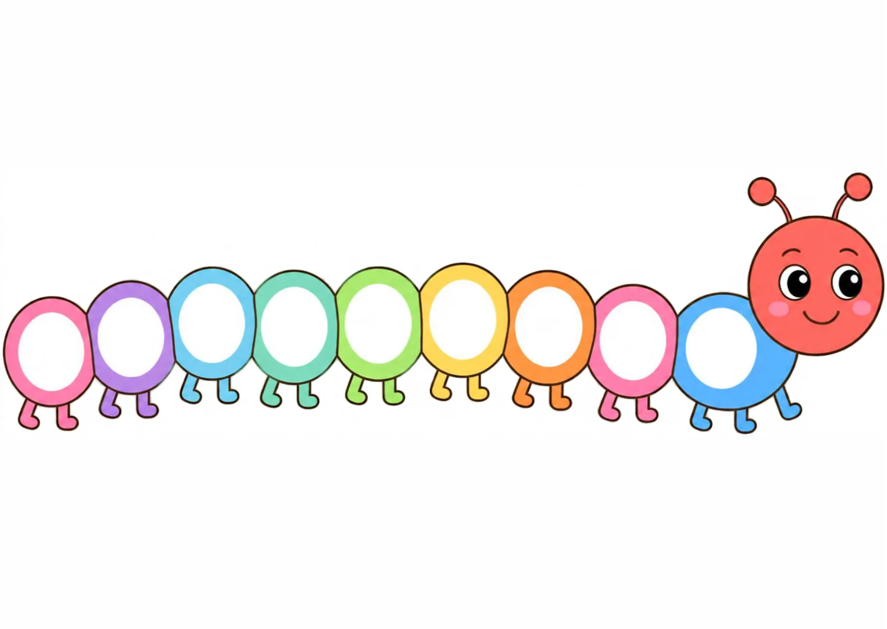 A cheerful caterpillar made of ten colorful circle segments with a smiling red head.