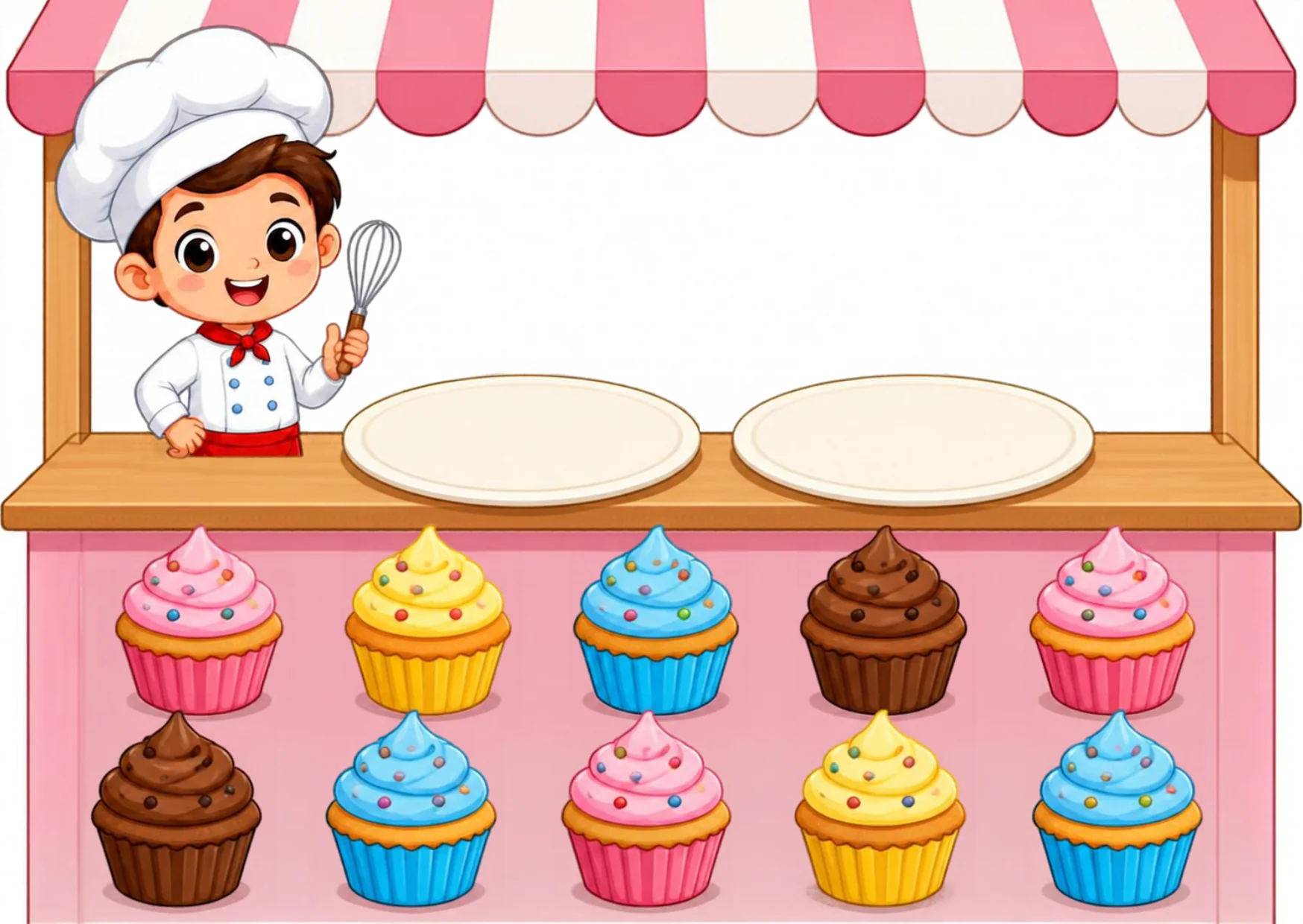 A young baker at a striped stand with two empty plates and ten colorful cupcakes waiting below in two rows.