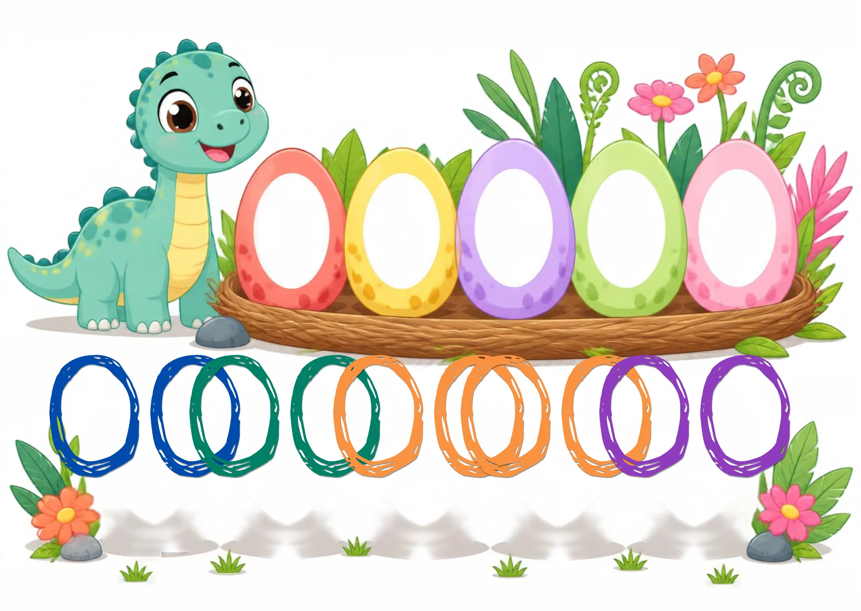 A friendly baby dinosaur beside a nest holding five big colored eggs, with empty egg outlines drawn in the grass below.