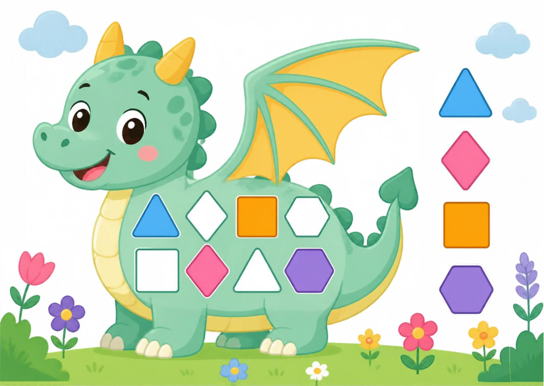 A friendly green dragon with empty scale gaps shaped like a triangle, diamond, square, hexagon and rectangle.