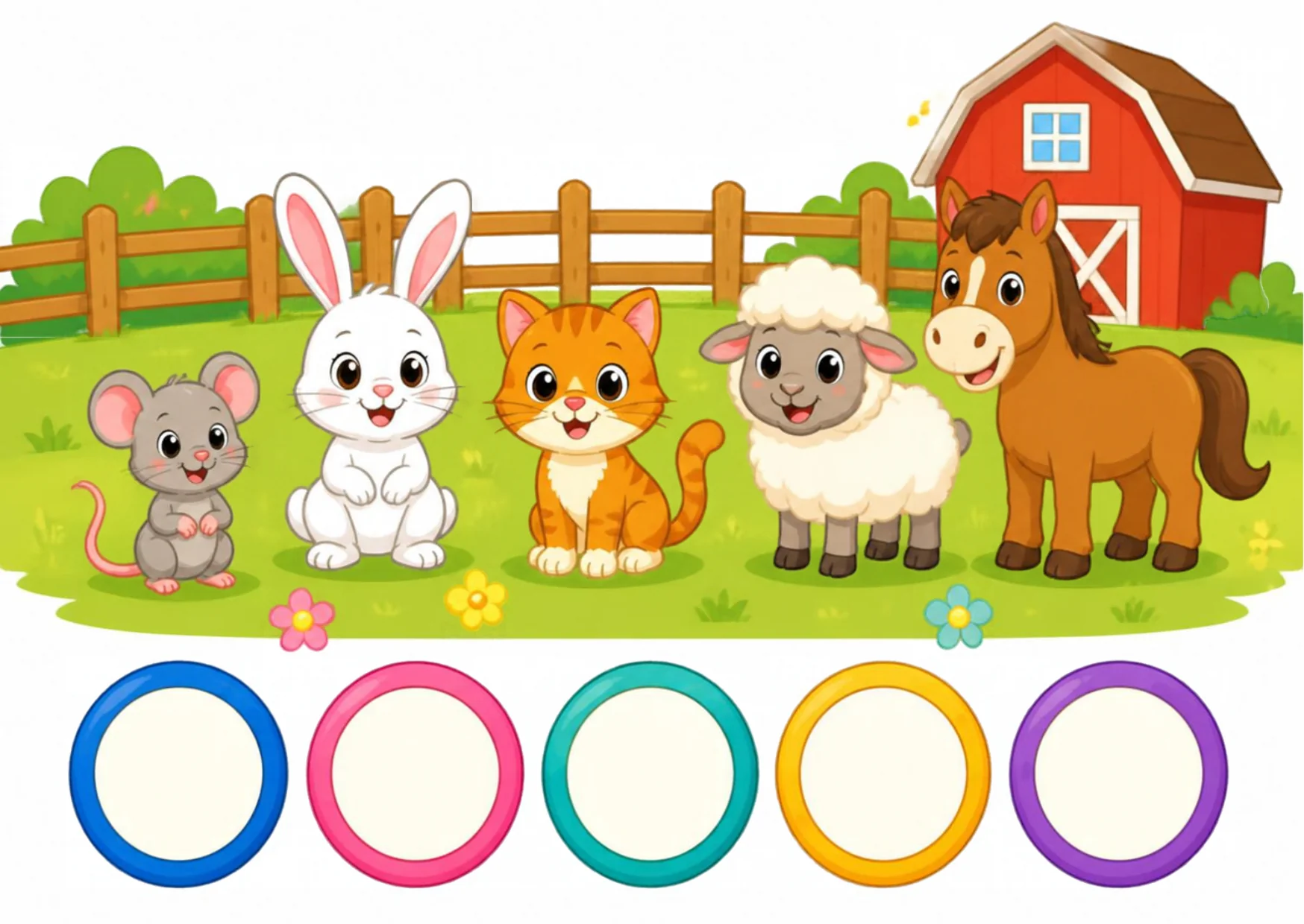 A mouse, a rabbit, a cat, a sheep and a horse lined up in front of a red barn, with five empty numbered badges below.