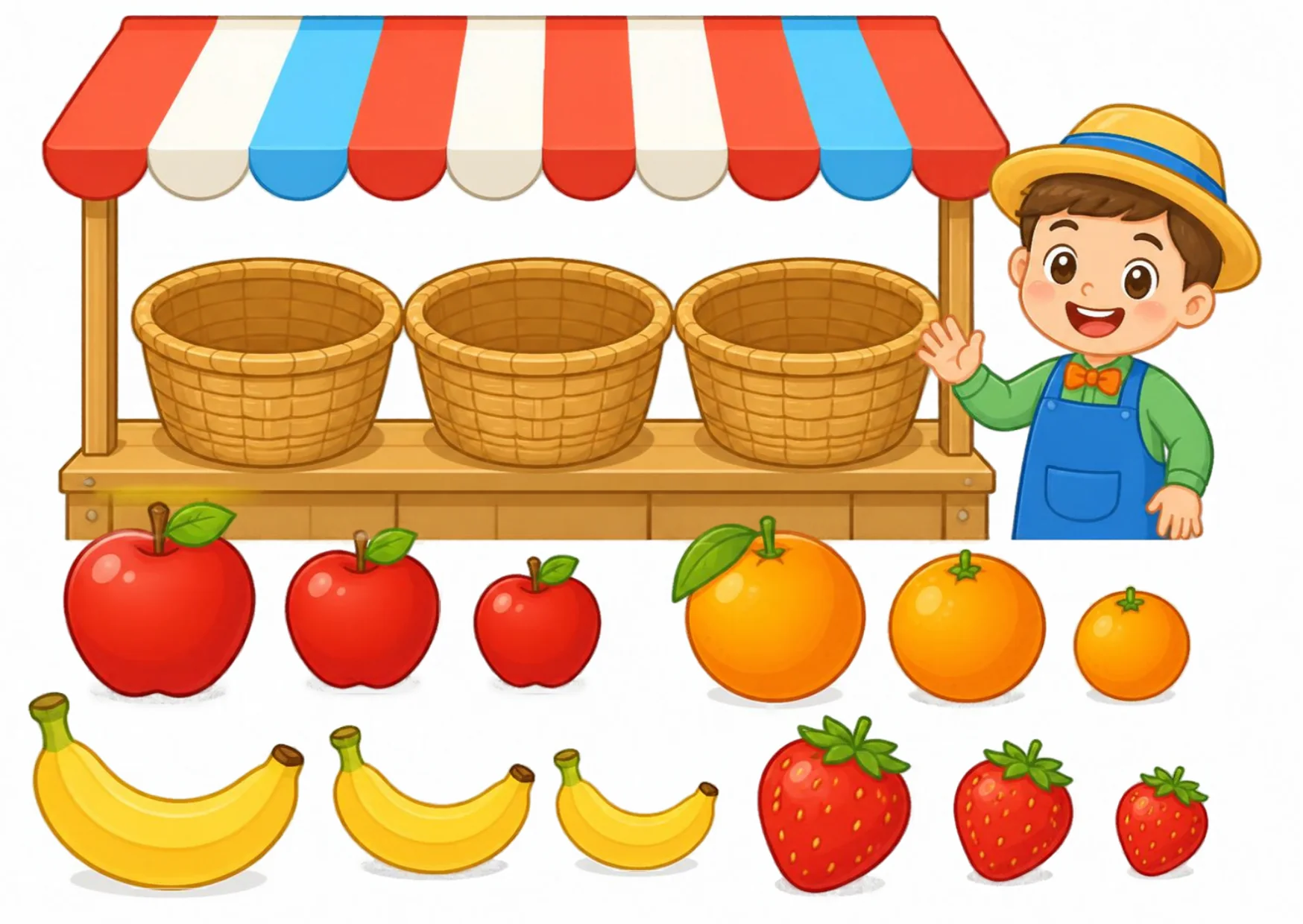 A fruit market with baskets for sorting apples, oranges and bananas by kind, color and size.