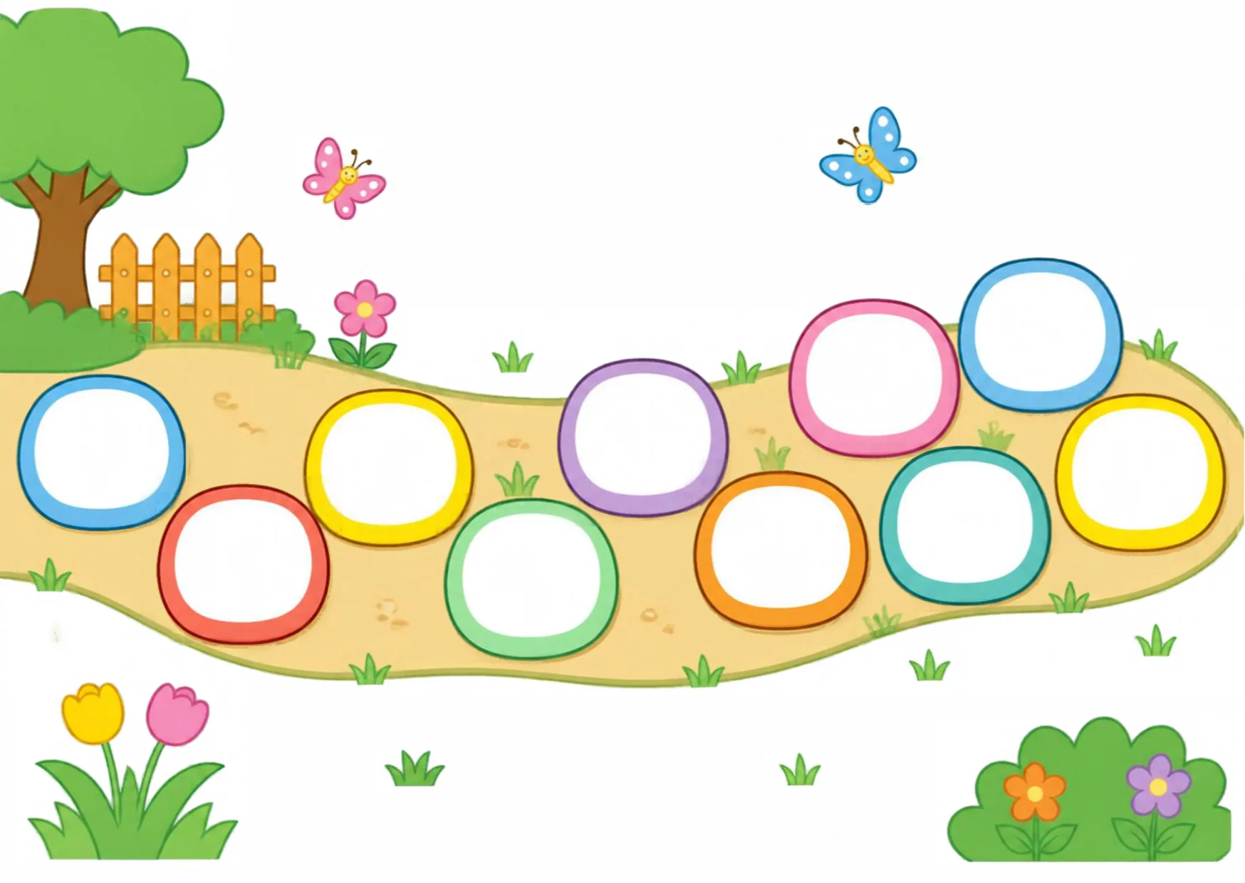 A winding sandy garden path with ten empty colored stepping stones, tulips at the start and bushes at the end.