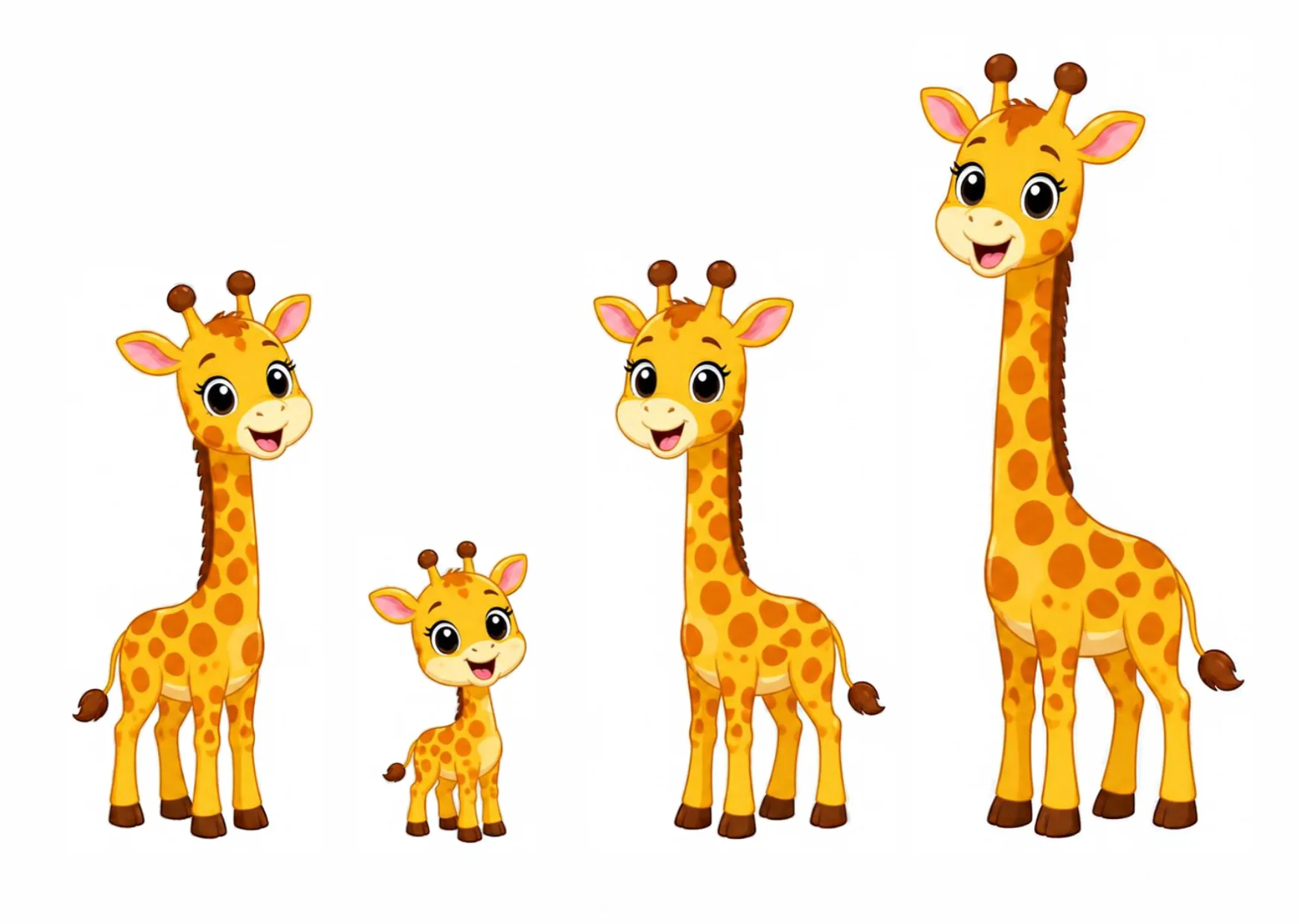 Four giraffes of different heights standing in a row: a medium one, a very short baby, a tall one and the tallest.