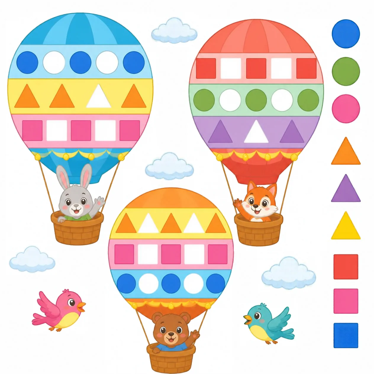 Three hot air balloons with patterned bands of circles, triangles and squares.