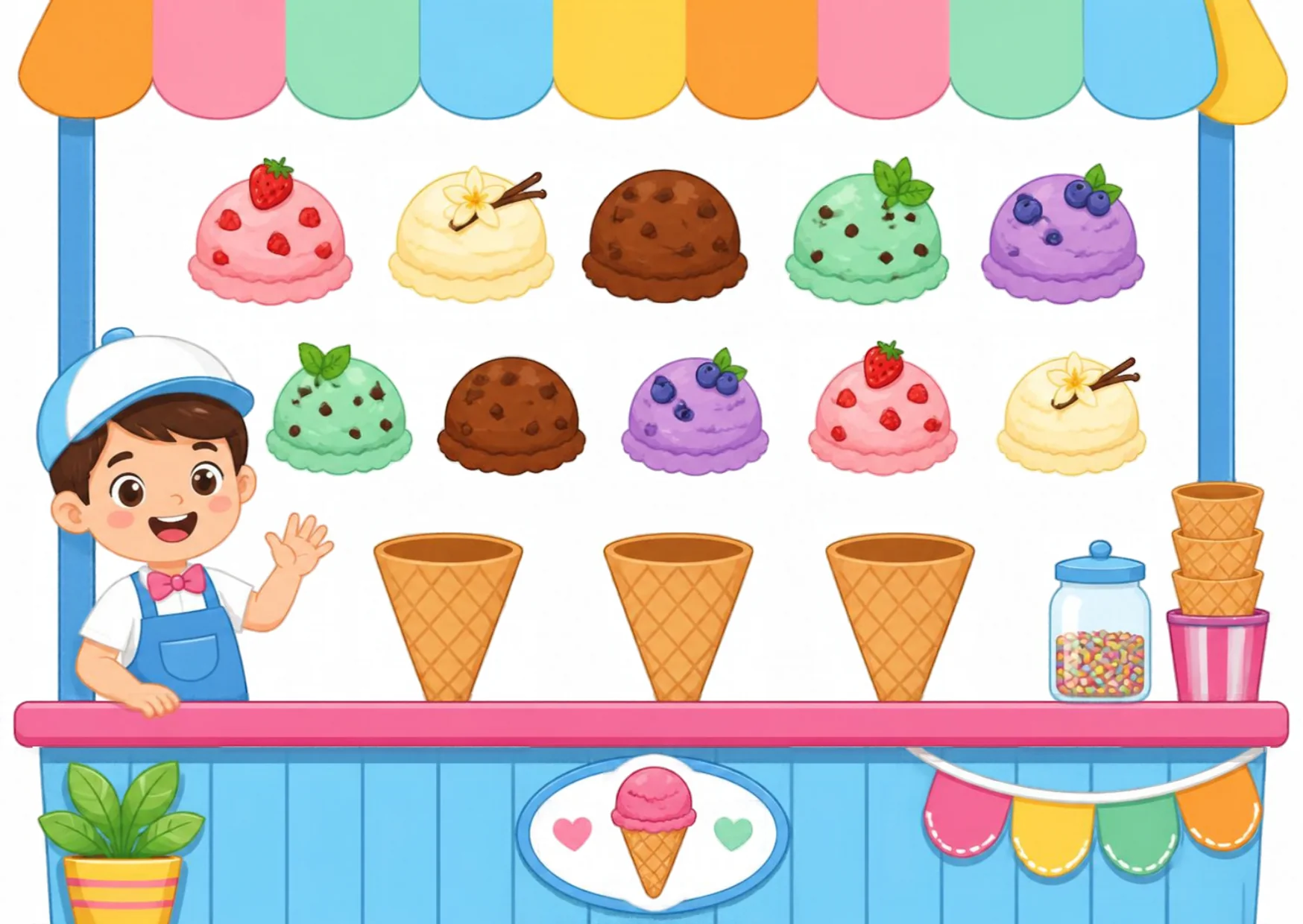 An ice cream stand with ten scoops in two rows and three empty cones waiting on the counter.