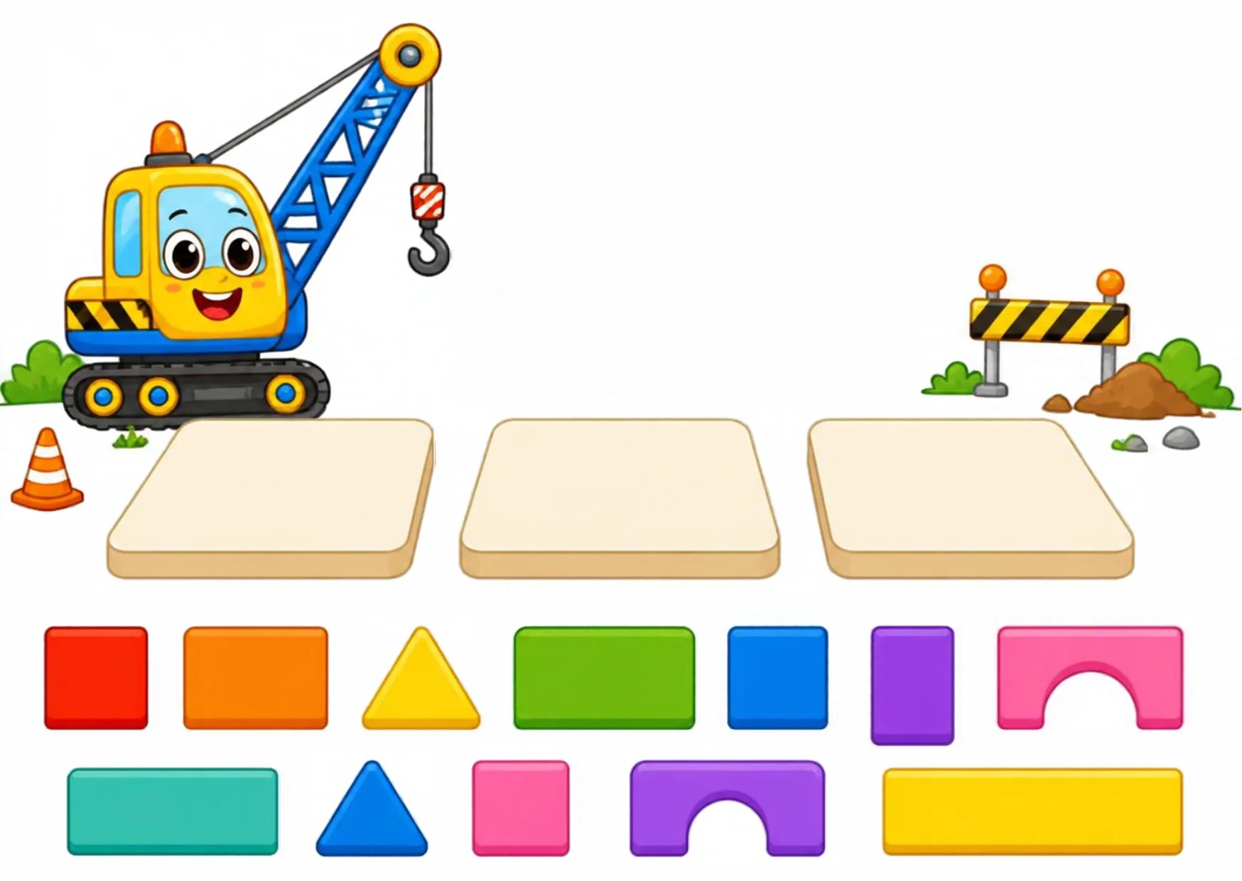 A smiling crane in front of three empty building platforms, with twelve colorful blocks waiting in two rows below.