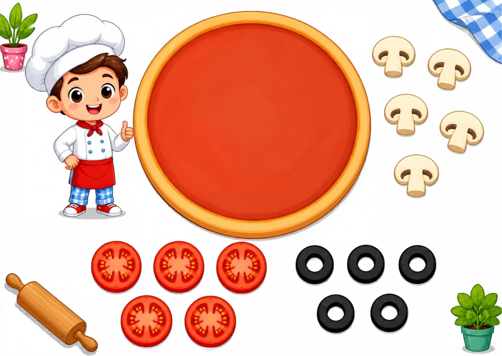 A proud little chef beside a big tomato pizza base, with five mushroom slices, five tomato slices and five olive rings ready to top it.