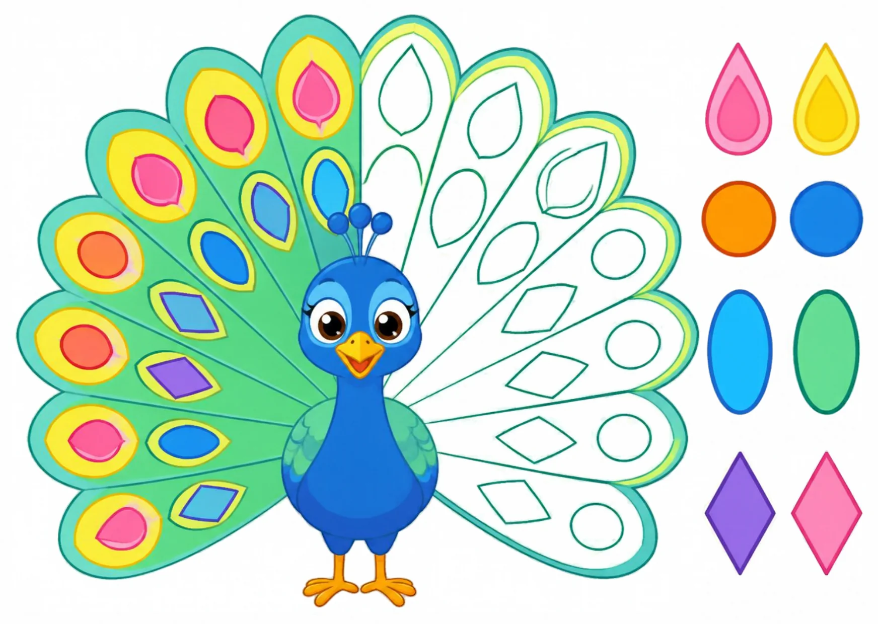 A peacock whose right tail side is empty, waiting for mirrored color spots.