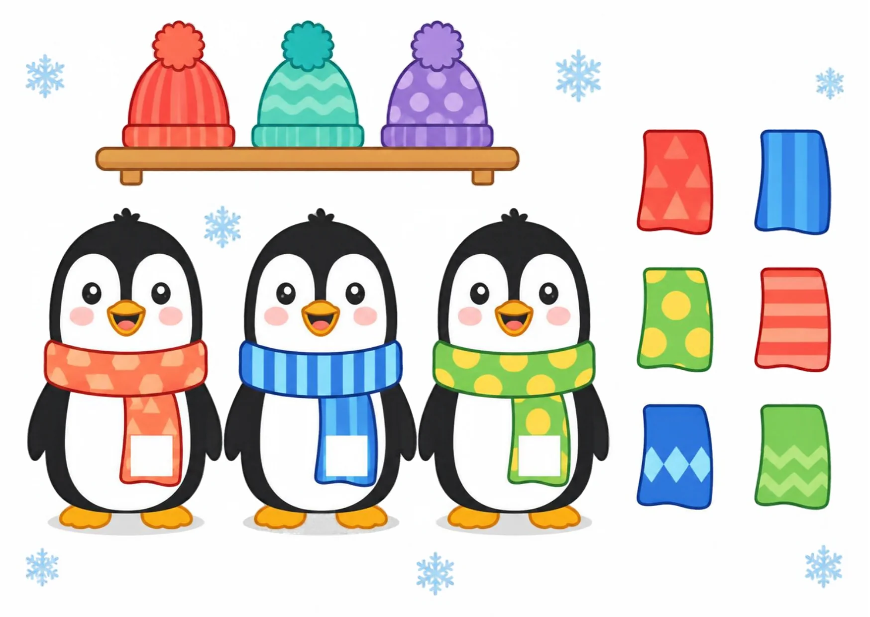 Three penguins wearing scarves with red, blue and green stripe patterns to finish.