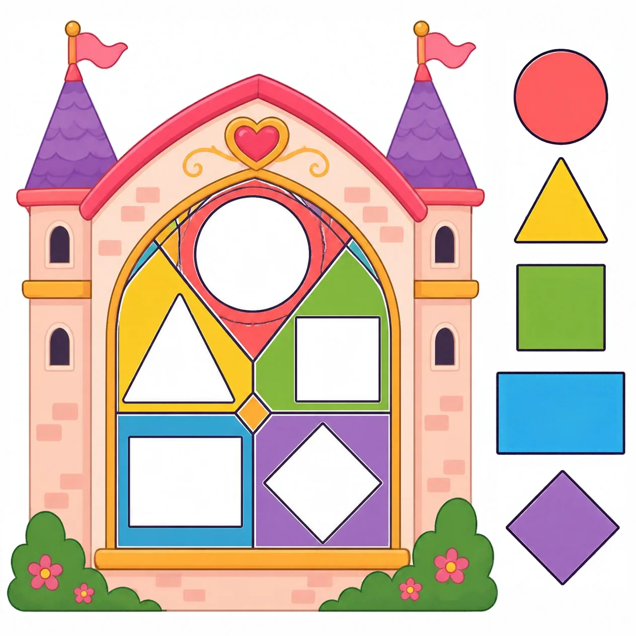A pink castle window with circle, triangle, square and diamond cut-outs.
