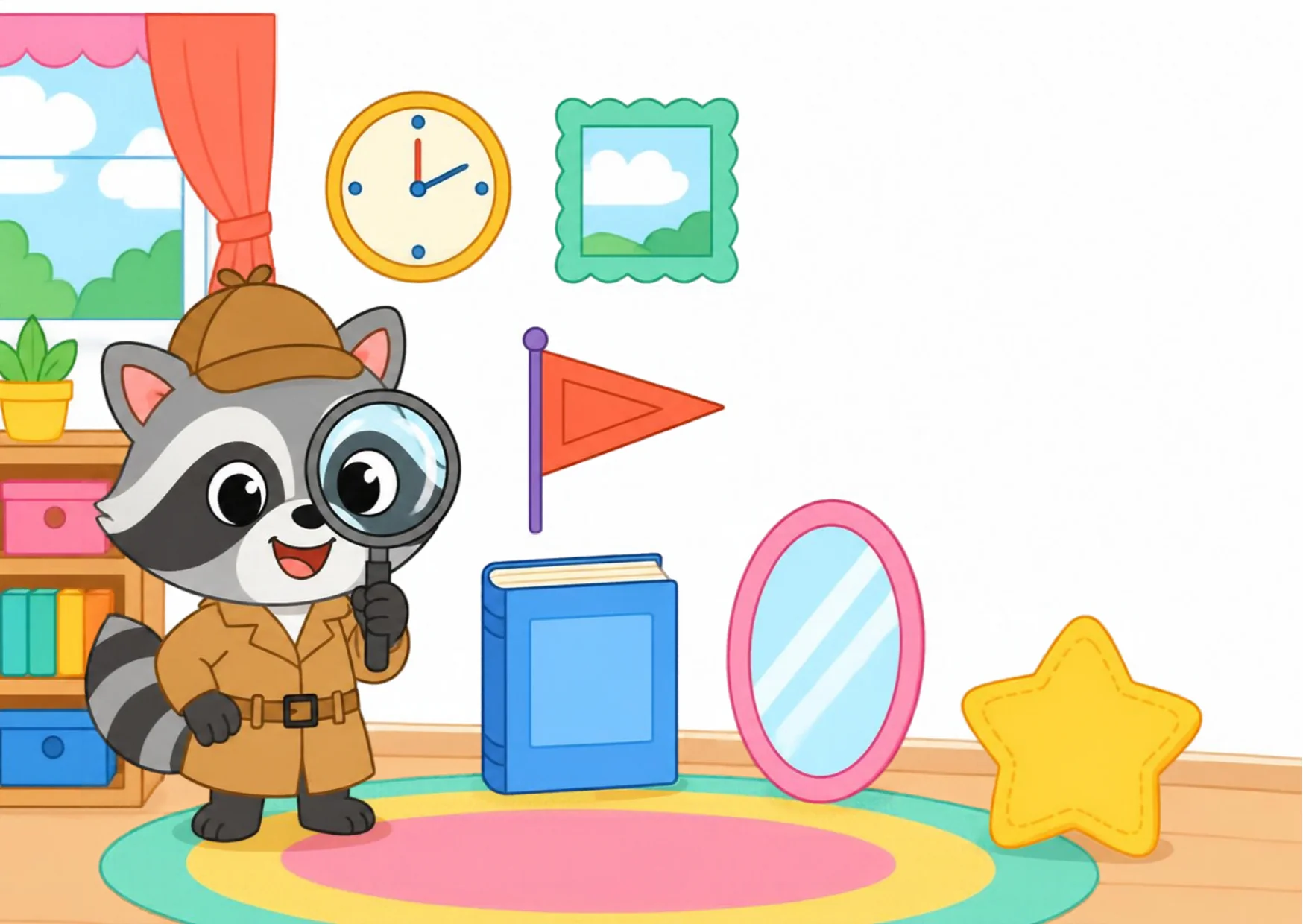 A detective raccoon in a room full of objects — a clock, a book, a flag, a mirror and more — to sort by shape.