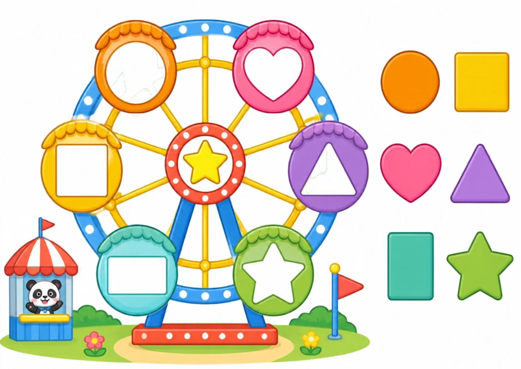 A ferris wheel with four cabins showing heart, star, circle and triangle cut-outs.