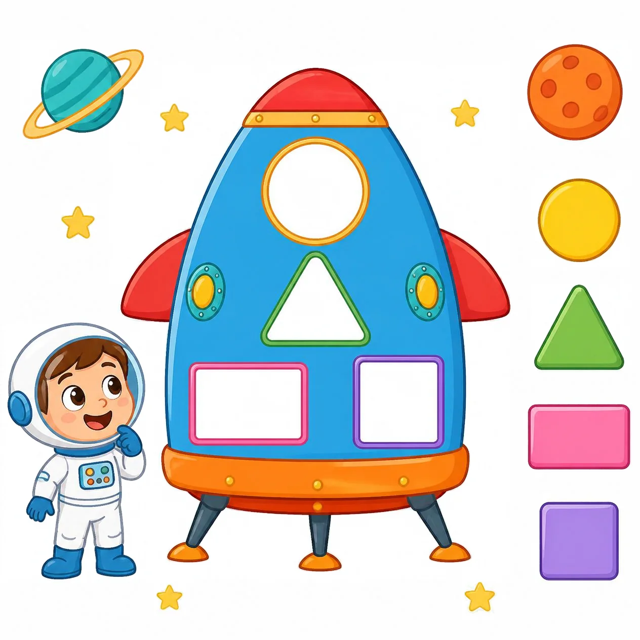 A cartoon rocket with a circle, triangle, square and rectangle cut-out waiting for matching shape pieces.