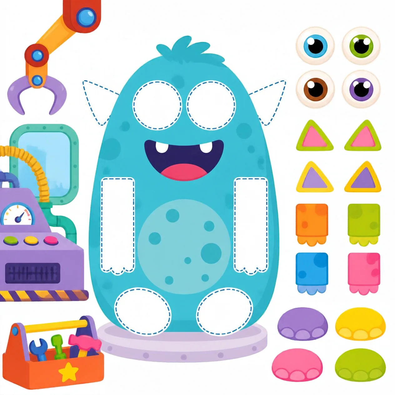 A friendly blue monster with empty spots for eyes, horns, arms and feet, next to a box of shape parts.