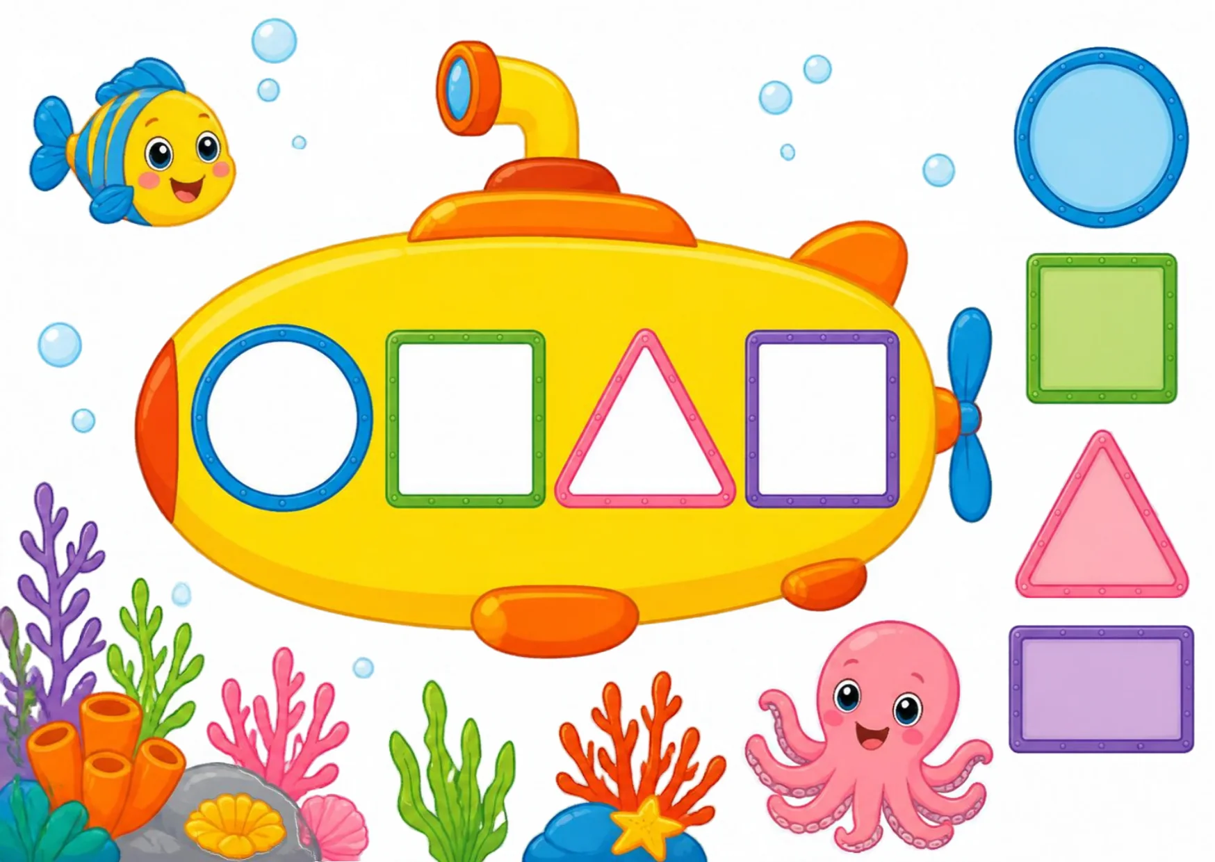 A yellow submarine with four empty window frames of different shapes under the sea.