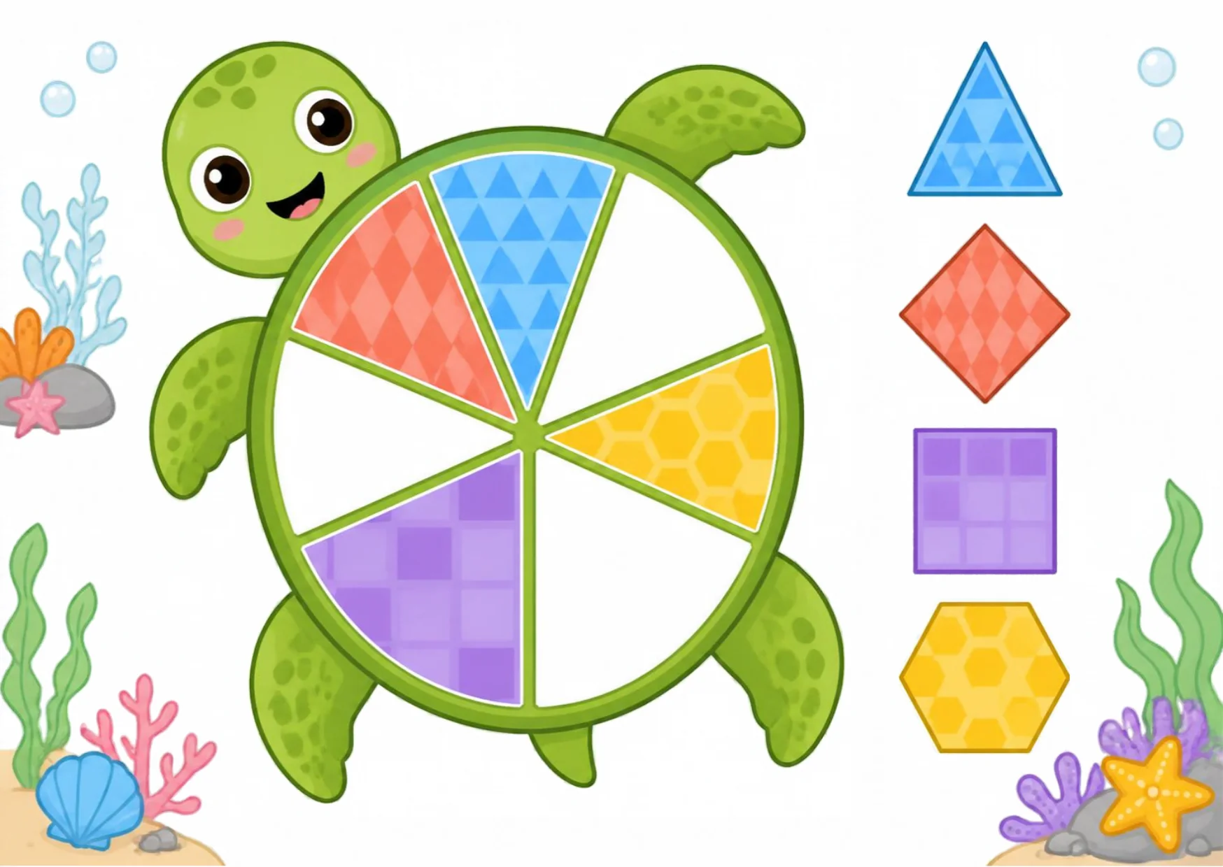 A smiling turtle whose shell is missing mosaic pieces — triangles, diamonds, a square and a hexagon.